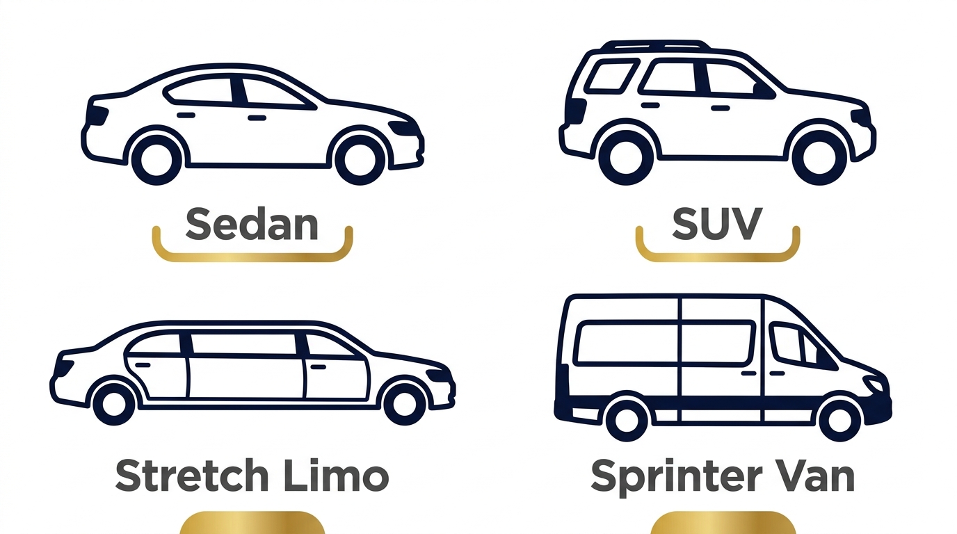 Infographic showing four vehicle options for airport limo service: Sedan, SUV, Stretch Limo, and Sprinter Van, each with silhouette icon and capacity tag on white background.