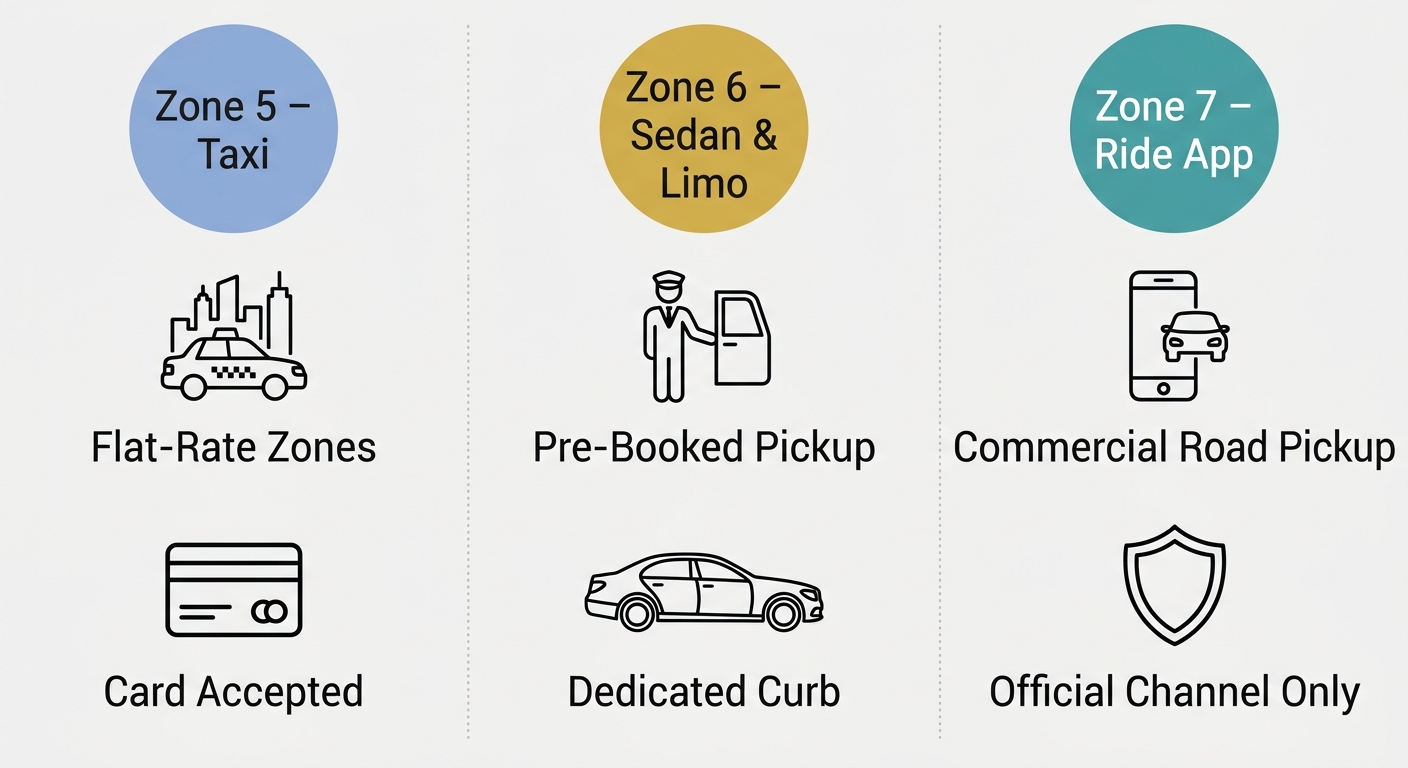 Infographic comparing ground transportation zones at Philadelphia International Airport: Zone 5 Taxi with flat-rate zones and card acceptance, Zone 6 Sedan & Limo with pre-booked pickup and dedicated curb, Zone 7 Ride App with commercial road pickup and official channel only.