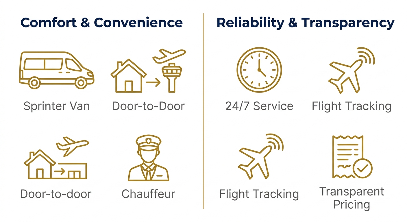 Infographic comparing comfort and reliability features of Philadelphia airport shuttle service, with icons for Sprinter van, door-to-door, chauffeur, 24/7 service, flight tracking, and transparent pricing.