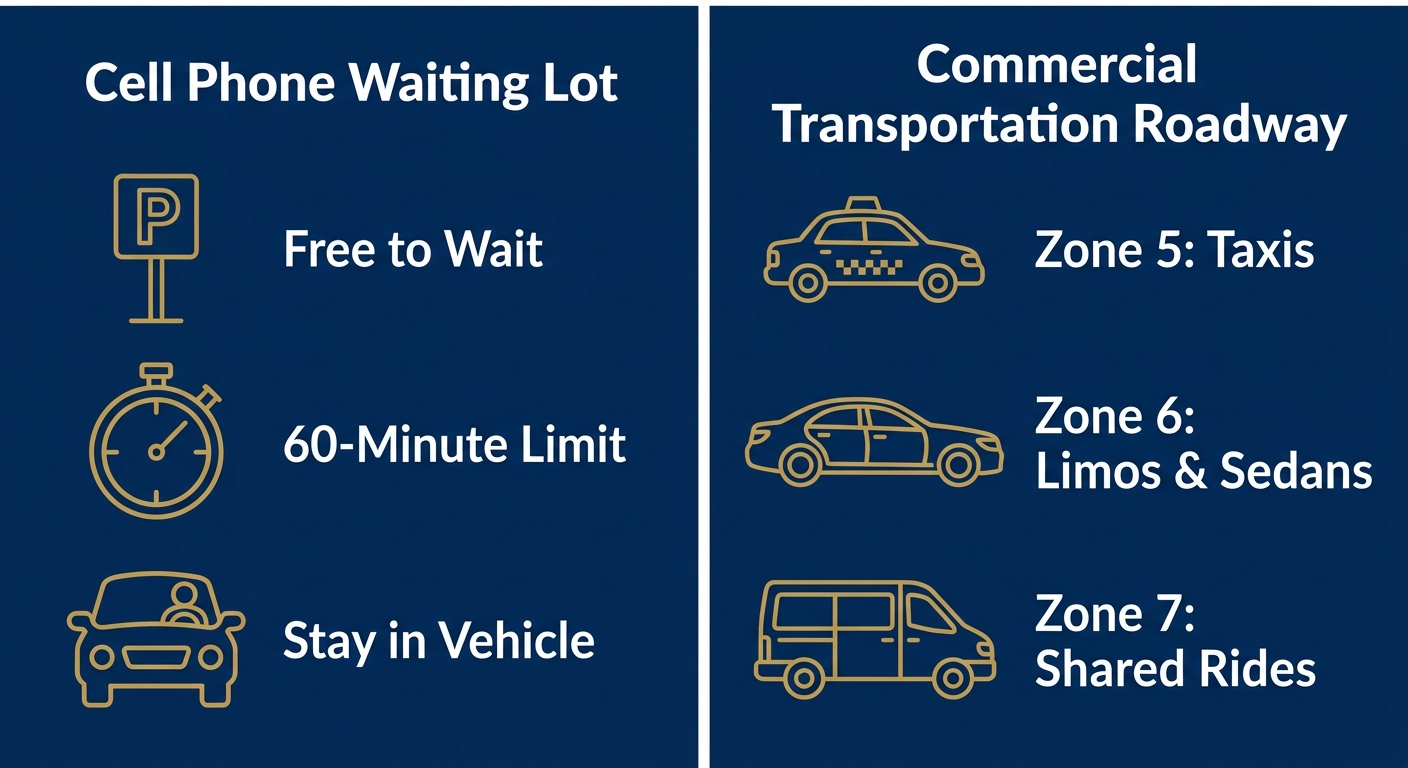 Infographic comparing Cell Phone Waiting Lot and Commercial Transportation Roadway at Philadelphia Airport with gold outlined icons and white labels on navy background.