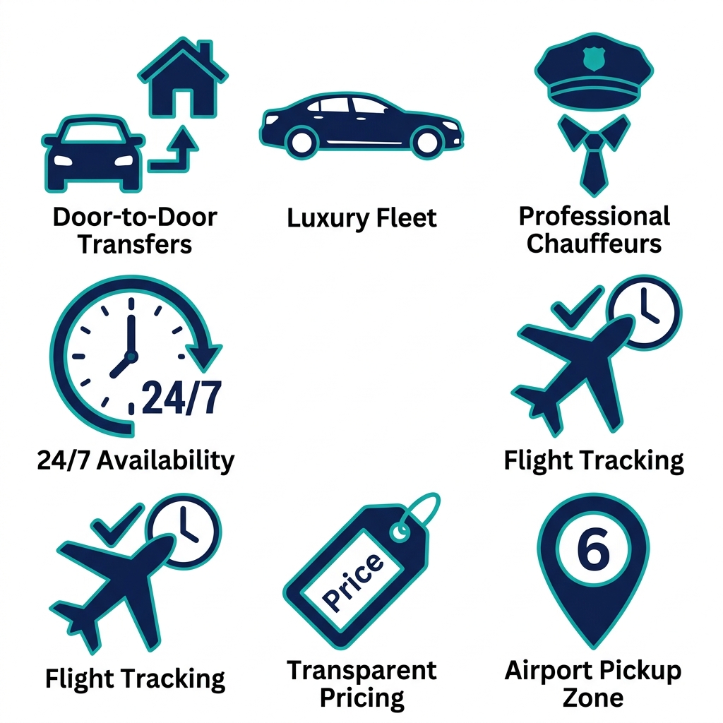 Flat icon grid showing Philadelphia limousine services: door-to-door transfers, luxury fleet, professional chauffeurs, 24/7 availability, flight tracking, transparent pricing, and airport pickup zone.